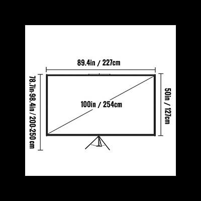 ecrã de projeção retangular branco em suporte tripé preto com medidas indicadas