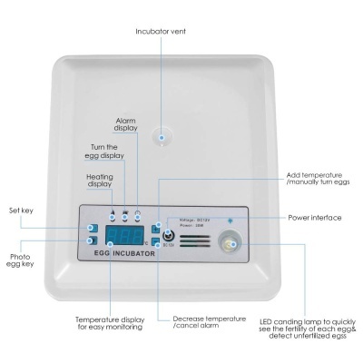 Incubadora de ovos branca com painel digital e botões de controlo