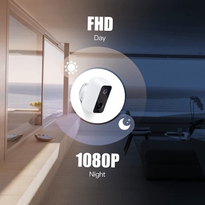 câmara de vigilância branca com lente preta em fundo dividido dia e noite