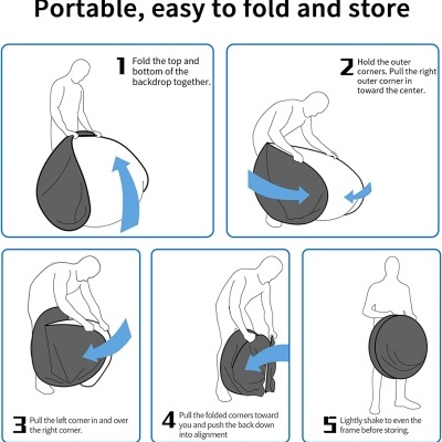 Instruções passo a passo para dobrar um fundo fotográfico preto e branco portátil.