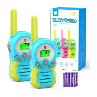 Dois walkie talkies azuis e amarelos com ecrã verde e caixa azul
