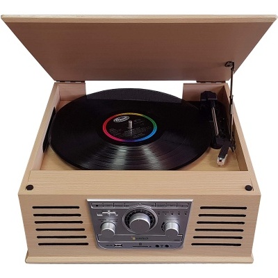 Gira discos cor madeira com encoding, Bluetooth, leitor CD, cartão memória