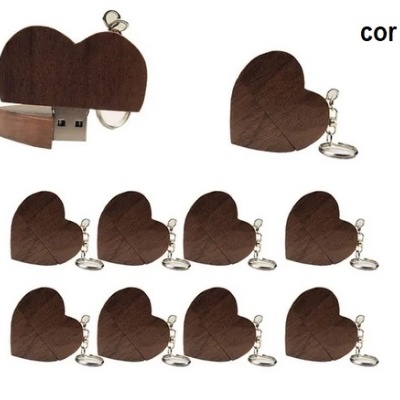 Pen drive 10 un. madeira coração gravação logótipo personalizável