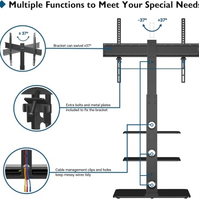 Suporte de TV de chão  30 a 70 polegadas até 40 kg, altura ajustável, prateleiras de vidro temperado de 3 níveis