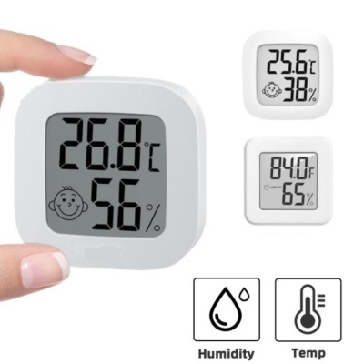 Sensor digital branco de temperatura e humidade com ecrã LCD e números pretos