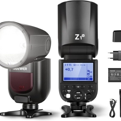 Flash Neewer Z1 cabeça redonda 2 baterias TTL para câmaras Canon / Nikon / Sony