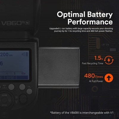 Flash V860III N com bateria destacada e texto sobre desempenho da bateria