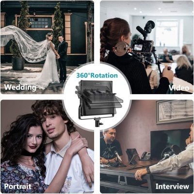 Montagem com fotos mostrando luz LED para fotografia e vídeo em diferentes cenários, com texto descritivo