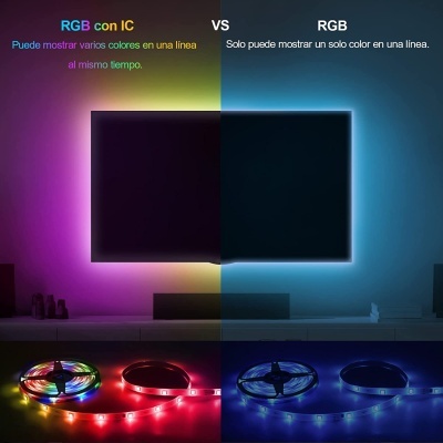 Comparação entre fitas LED RGB com e sem IC mostrando múltiplas cores versus cor única