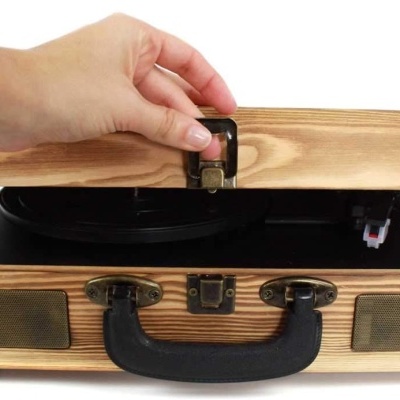 Cópia de Gira discos portátil mala em madeira ou pele Bluetooth e USB