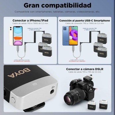 Adaptadores áudio BOYA pretos e cinza para iPhone/iPad, USB-C Smartphone e câmara DSLR com texto de compatibilidade em espanhol