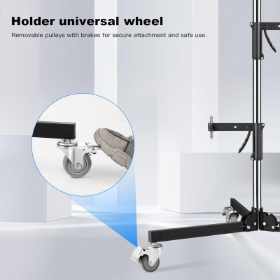 Roda universal com suporte preto e roda prateada em fundo branco com texto em inglês