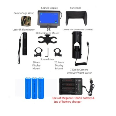 Conjunto de acessórios para câmara com ecrã, iluminador IR, pilhas e carregador