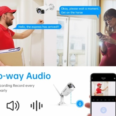 Câmara de vigilância branca com áudio bidirecional na parede, entregador com caixa e mulher a usar telemóvel