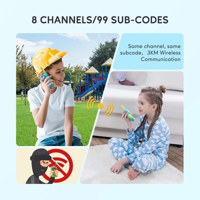 Crianças a usar walkie-talkies coloridos em ambiente interior e exterior, texto explicativo sobre frequência e subcódigos de comunicação sem fios.