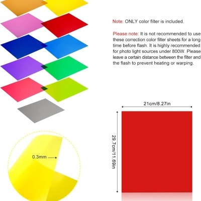 Folhas coloridas finas de filtro para fotografia com dimensões e instruções visíveis