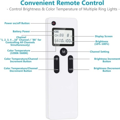 Comando remoto branco com visor digital e botões para controlo de luz