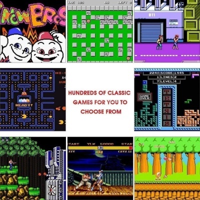 Montagem de capturas de ecrã de jogos clássicos de vídeo em pixel art com personagens e cenários variados.