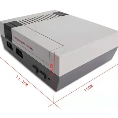 Consola de videojogos retro bege e cinza com ranhuras e portas para comandos