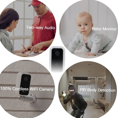 Montagem de imagem de câmara WiFi preta com funcionalidades de áudio bidirecional, monitor bebé, câmara sem fios e deteção de movimento PIR.