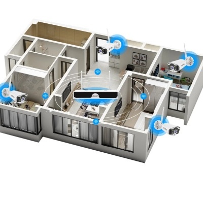 Modelo 3D de planta baixa com câmaras de segurança em várias divisões
