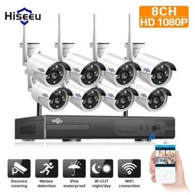 Sistema Wi-FI video vigiIância 3MP kit CCTV Hiseeu 8CH 8 câmaras + NVR app