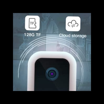 Câmara de vídeo branca com ícones de armazenamento e texto