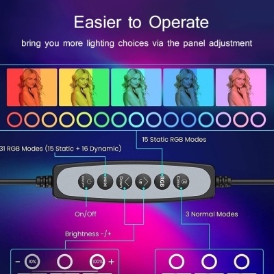 Anel de luz RGB ringlight com tripé e comando bluetooth