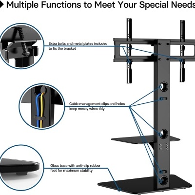 BONTEC Suporte de TV com 2 prateleiras de vidro até 65" e 40kg