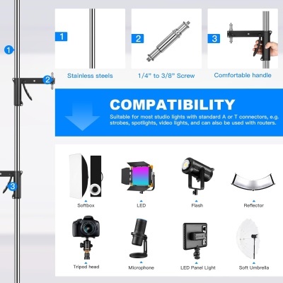 Suporte ajustável para iluminação de estúdio em aço inoxidável com compatibilidade para vários equipamentos