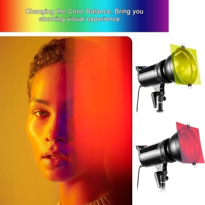 Retrato iluminado com filtros amarelo e vermelho e refletores ao lado