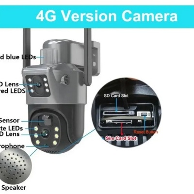 Câmara de segurança 4G com LEDs, lente, sensor, microfone e altifalante