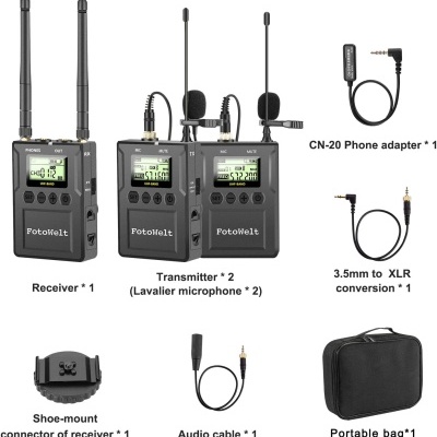 Microfone sem fios 2 emissores 1 receptor UHF