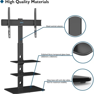 Suporte de TV de chão  30 a 70 polegadas até 40 kg, altura ajustável, prateleiras de vidro temperado de 3 níveis