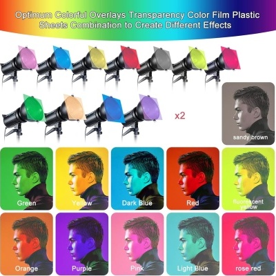 Painéis transparentes coloridos de filme plástico para iluminação em várias cores com luzes de estúdio