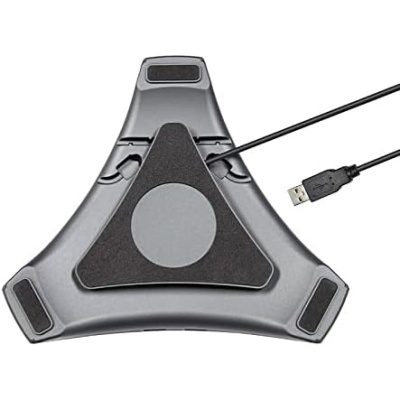 Base triangular cinzenta com superfície preta e cabo USB preto