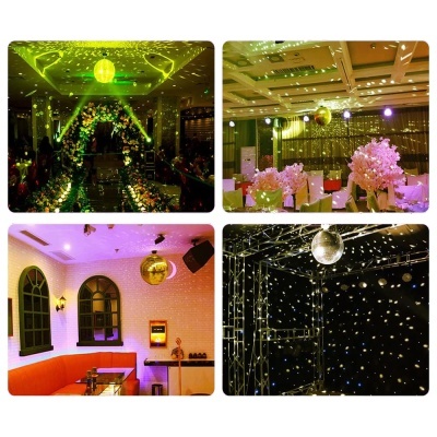 Diferentes ambientes interiores decorados com luzes de discoteca e bolas espelhadas