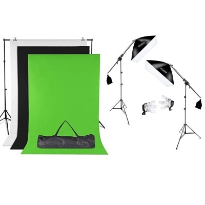 Kit estúdio 2 softboxes 4 lâmpadas fundos verde branco preto estrutura