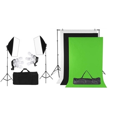 Kit estúdio 2 softboxes 4 lâmpadas fundos verde branco preto estrutura