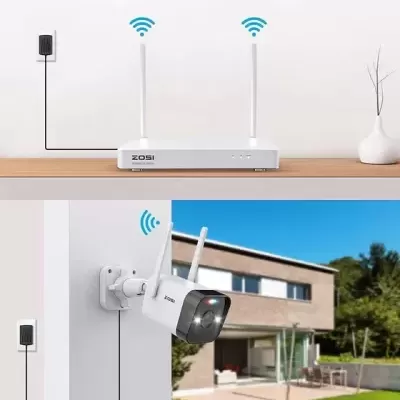 Sistema de vigilância com base e câmara wireless ZOSI numa casa moderna