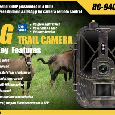 Imagem promocional de uma câmara de rastreio 4G HC-940Pro-Li com texto de especificações e fotografia de um cavalo no fundo