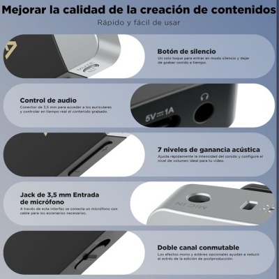 Interface de áudio preta com botões e entradas e texto explicativo em espanhol