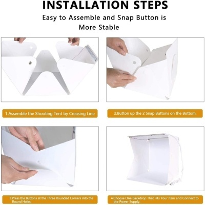 Passos de montagem de uma tenda de fotografia em tecido branco com botões de pressão