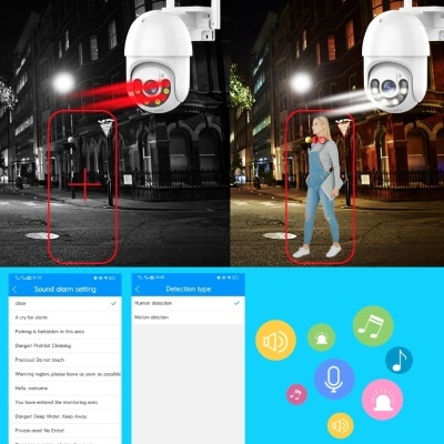 Câmara de segurança branca a detectar movimento e interfaces de configuração com texto em inglês.