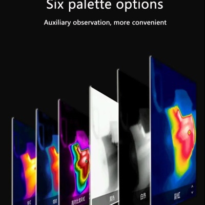 Painéis verticais em várias paletas de cores térmicas com texto sobre opções de paleta