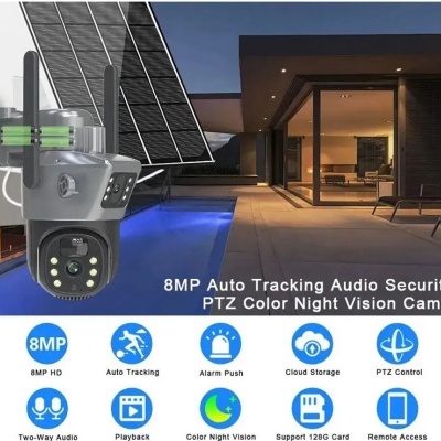 Câmara de segurança PTZ cinza ao lado de painéis solares e piscina de casa moderna