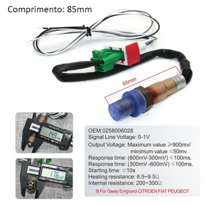 Sensor automotivo com cabo e conector verde e etiqueta com especificações técnicas.