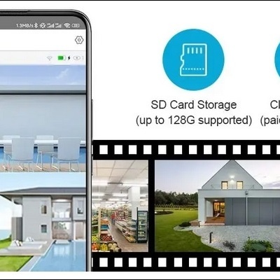 Telemóvel a mostrar fotos de casas e ícones de armazenamento SD Card e Cloud Storage