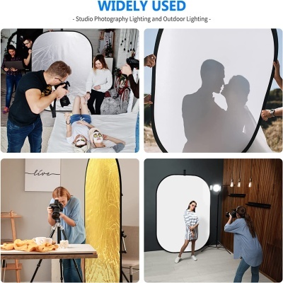 Diversos usos de refletor para iluminação em fotografia, com fotógrafos e modelos em várias situações.