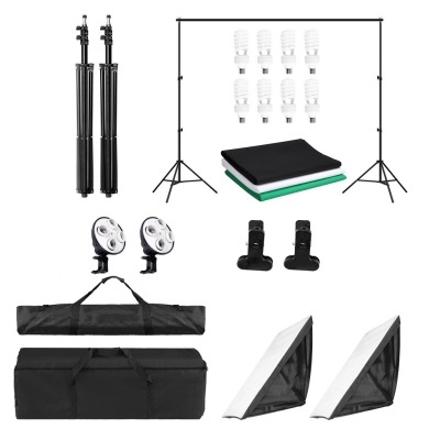 Kit estúdio 2 softboxes 4 lâmpadas fundos verde branco preto estrutura
